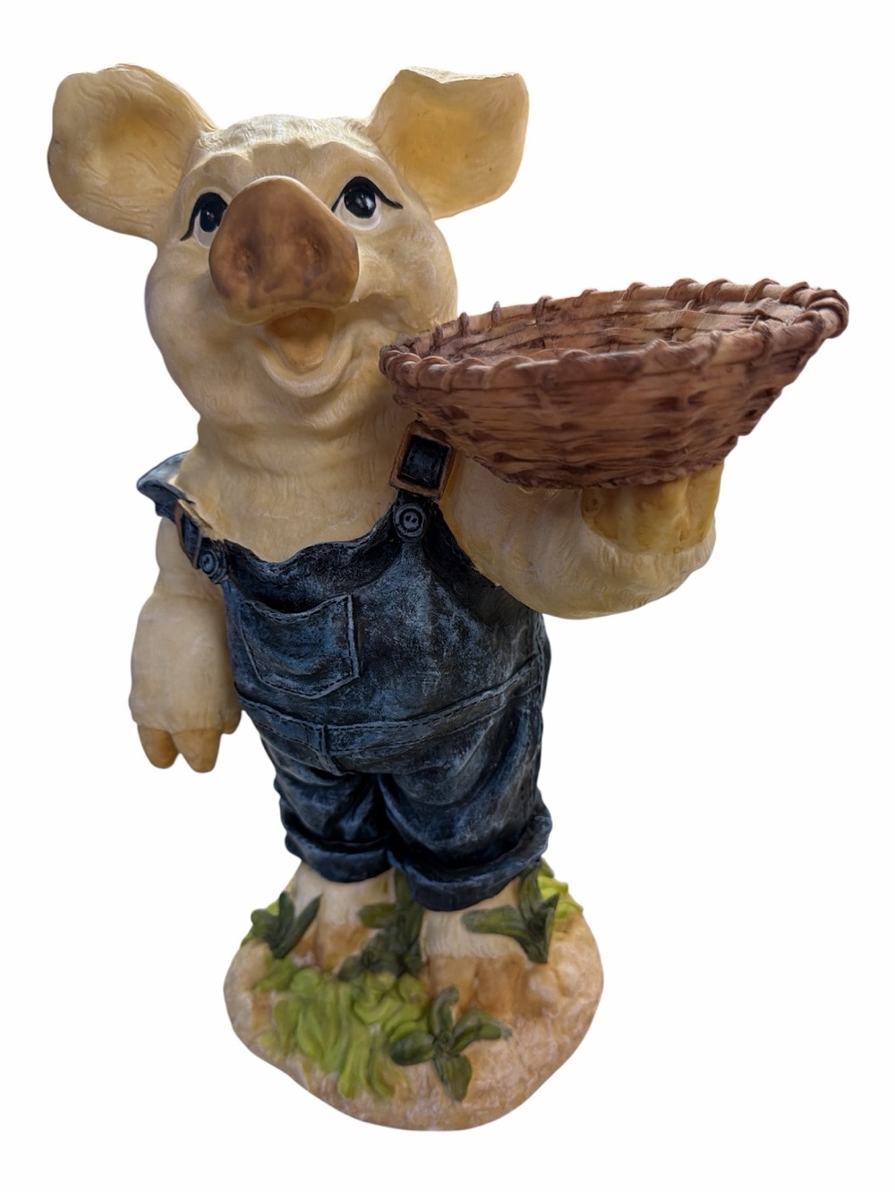 Resin Adorable Pig Figurine Woven Basket Blue Jean Coveralls Decor Collectible